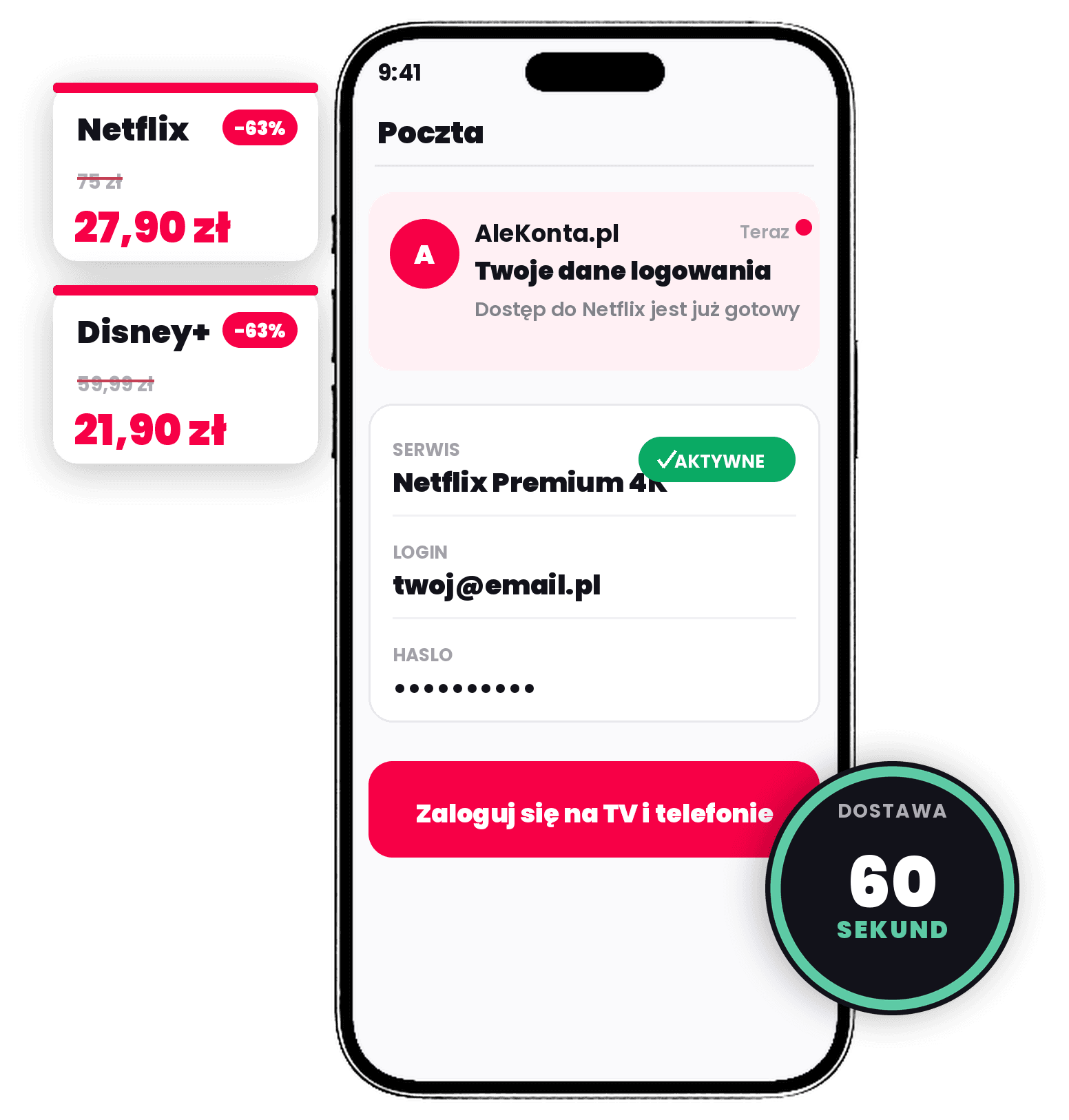 Telefon z e-mailem od AleKonta.pl z danymi logowania do konta Netflix Premium, dostarczonymi w 60 sekund, cena 27,90 zł zamiast 75 zł